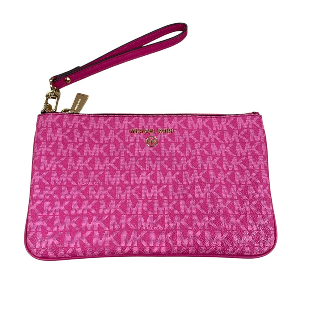 NWOT Michael Kors Signature Jet Set Charm Medium Top Zip Wristlet Wild Berry